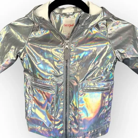 Cat & Jack Girls/Unisex Kids Rainbow Metallic Rain Jacket  Sz 2T | Hood Pockets - Picture 2 of 6
